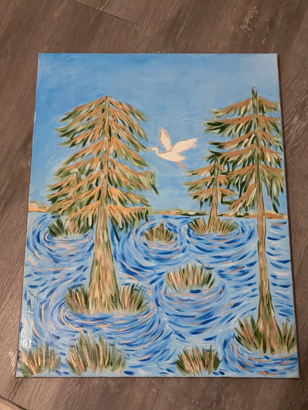 Hand-Painted Blue and Green Woodland Lake Canvas Art